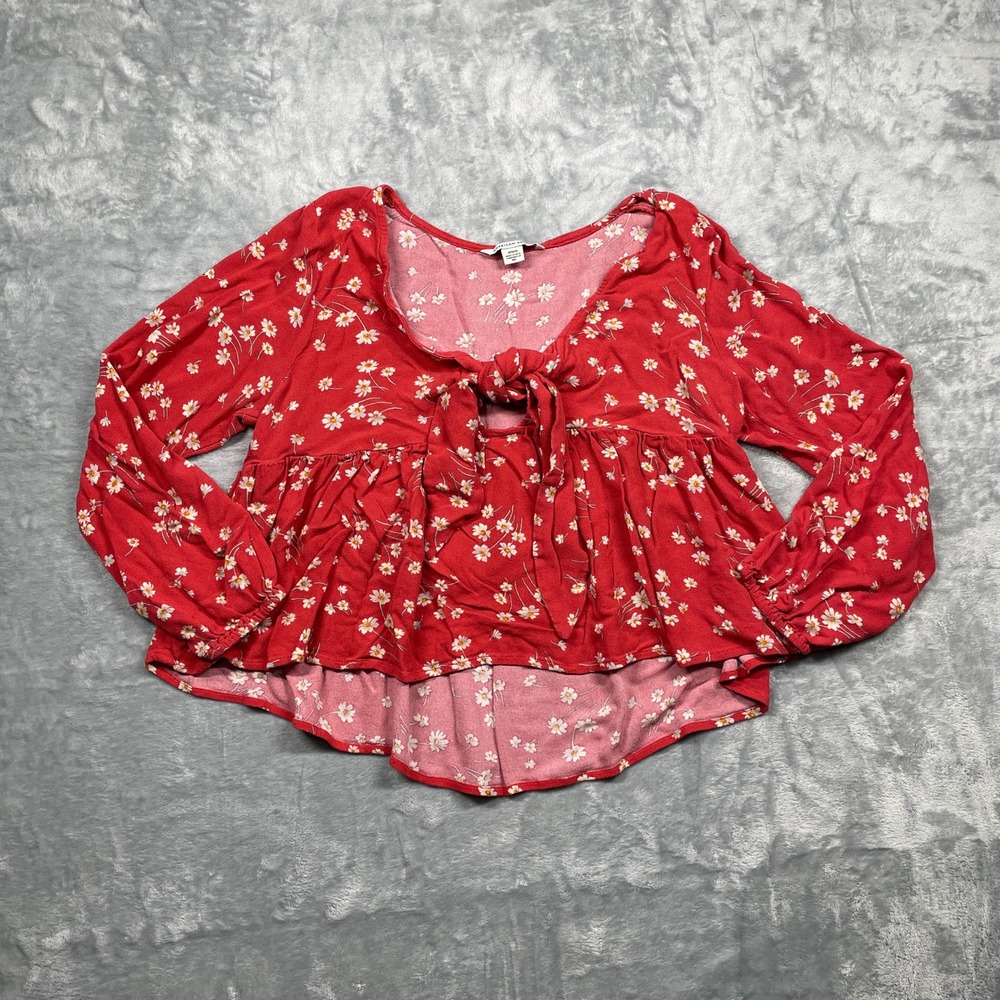American Eagle Floral Tie Front Peplum Blouse Womens Red Boho Cottagecore Size M